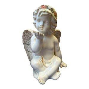 Vintage Ceramic Cherub Figurine Angel Flower Crown Blowing Kiss